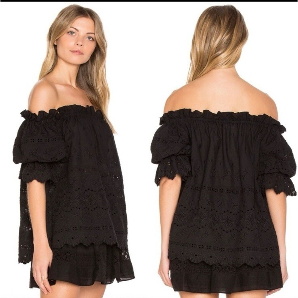 LoveShackFancy Carrie Off the Shoulder Ruffle Embroidered Top Black Small Boho